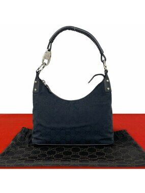 Gucci GG Logo Pattern Canvas Leather Handbag Semi Short Bag Black